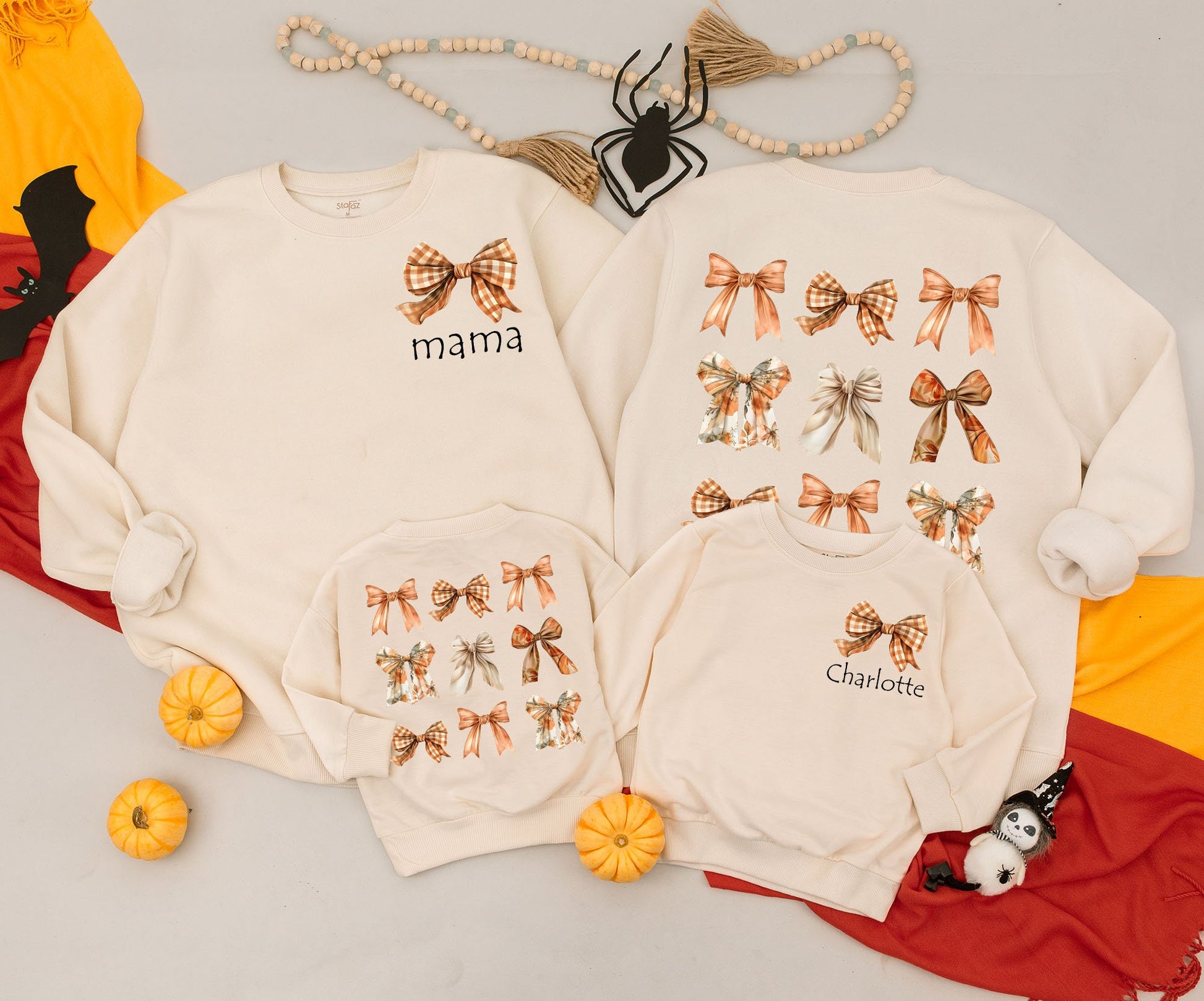 Mama & Mini Autumn Bow Sweatshirts Custom Names Vintage Fall Vibes Outfit Personalized Family Matching Cozy Kid Sweater Baby Romper Gift Idea
