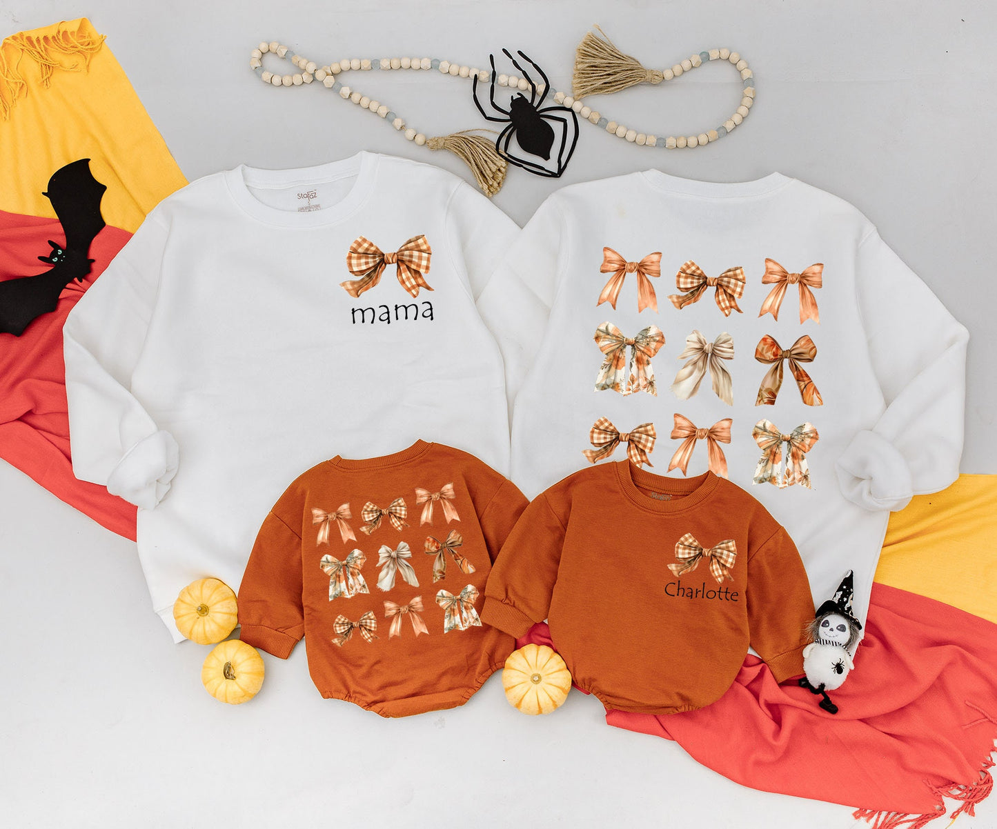 Mama & Mini Autumn Bow Sweatshirts Custom Names Vintage Fall Vibes Outfit Personalized Family Matching Cozy Kid Sweater Baby Romper Gift Idea