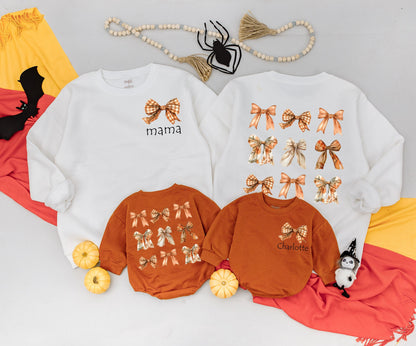 Mama & Mini Autumn Bow Sweatshirts Custom Names Vintage Fall Vibes Outfit Personalized Family Matching Cozy Kid Sweater Baby Romper Gift Idea