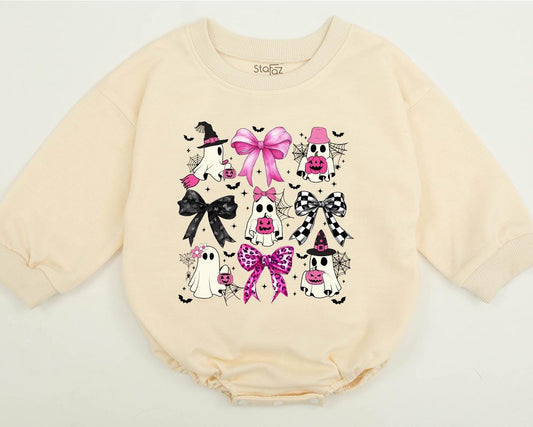 Cute Ghost & Bows Halloween Baby Romper Outfit | First Halloween Toddler Sweatshirt with Pink & Black Accents, Festive Cotton Bubble Romper 138
