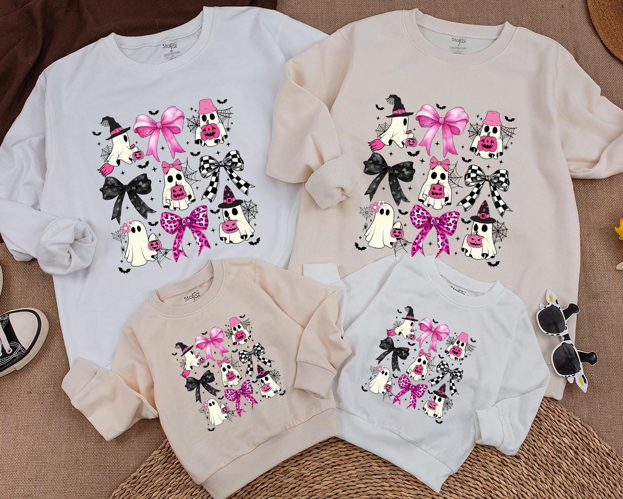 Cute Ghost & Bows Halloween Baby Romper Outfit | First Halloween Toddler Sweatshirt with Pink & Black Accents, Festive Cotton Bubble Romper 138