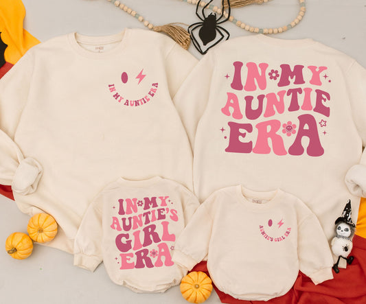 "In My Auntie Era" Matching Outfit, Retro Pink Wavy Text Auntie Sweatshirt and "Auntie's Girl" Baby Romper Gift Set with Stars & Smiley