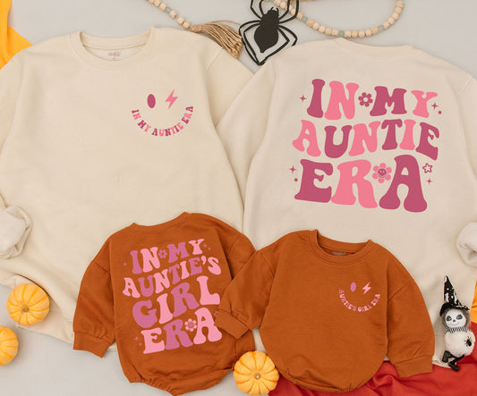"In My Auntie Era" Matching Outfit, Retro Pink Wavy Text Auntie Sweatshirt and "Auntie's Girl" Baby Romper Gift Set with Stars & Smiley