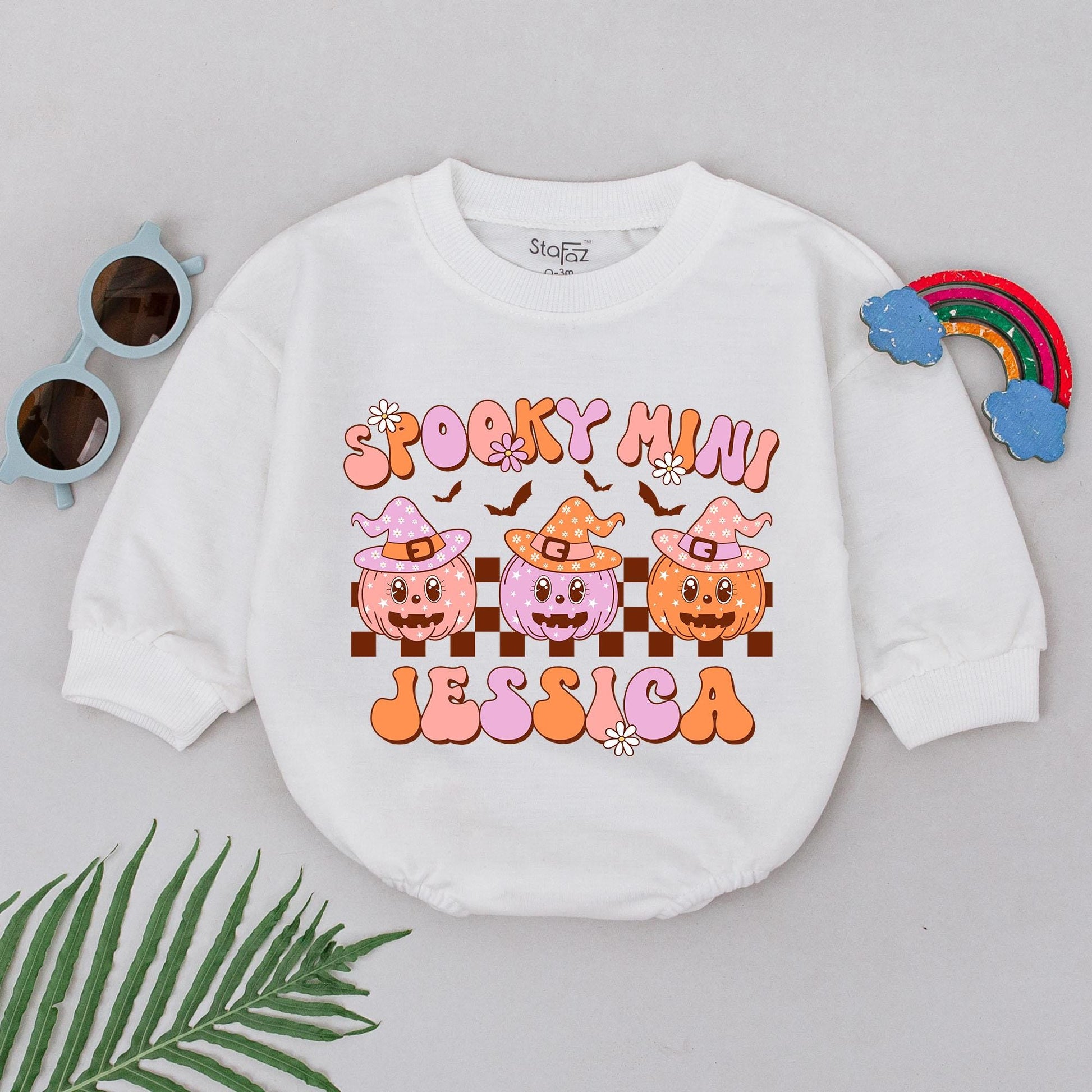 Personalized Spooky Mini Baby Romper First Halloween Girl Outfit Retro Pink Orange Pumpkin Witch Hat Checkered Baby Shower Gift Cute Fall Spooky Season Gift Newborn