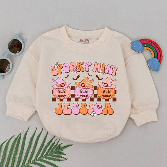 Personalized Spooky Mini Baby Romper First Halloween Girl Outfit Retro Pink Orange Pumpkin Witch Hat Checkered Baby Shower Gift Cute Fall Spooky Season Gift Newborn