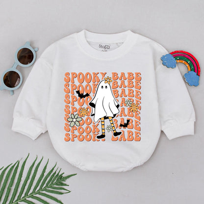 Spooky Babe Ghost Romper - First Halloween Baby Outfit for Girls, Retro Orange Design, Cute & Playful Fall Baby Shower Gift