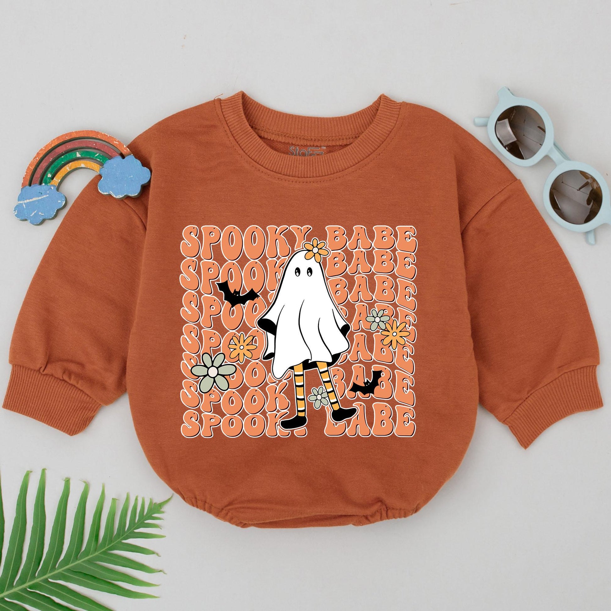 Spooky Babe Ghost Romper - First Halloween Baby Outfit for Girls, Retro Orange Design, Cute & Playful Fall Baby Shower Gift