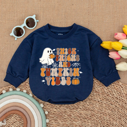 Pumpkin Vibes Baby Romper, Thick Thighs Halloween Ghost Bodysuit, Funny Fall Outfit, Spooky Season Baby Shower Gift, Cute Trick or Treat Costume 138 Chars