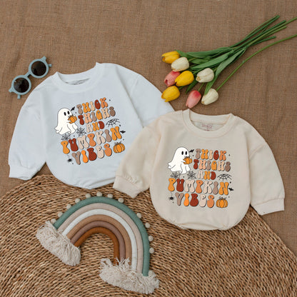 Pumpkin Vibes Baby Romper, Thick Thighs Halloween Ghost Bodysuit, Funny Fall Outfit, Spooky Season Baby Shower Gift, Cute Trick or Treat Costume 138 Chars