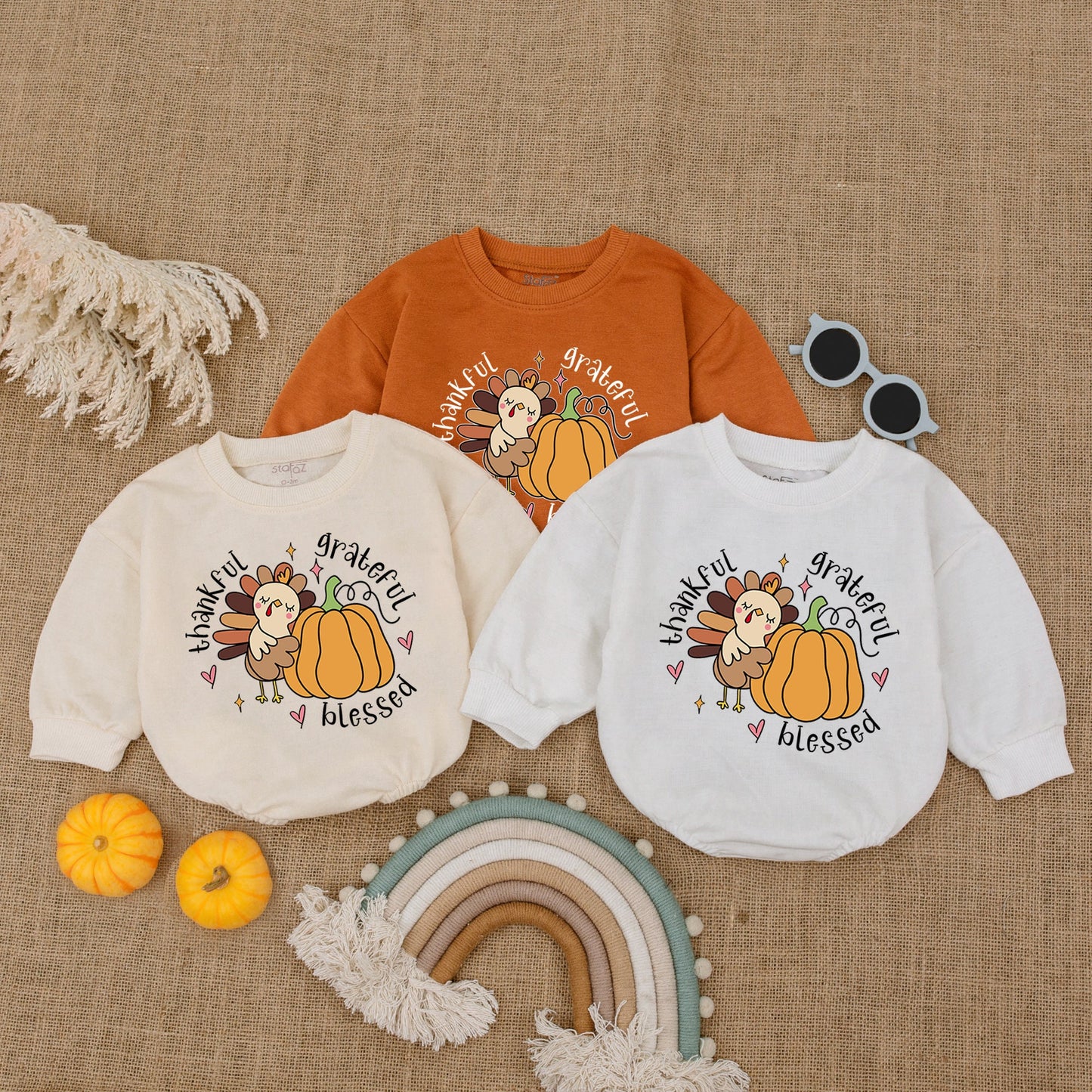 Grateful, Thankful, Blessed: Autumn Pumpkin Turkey Baby Romper