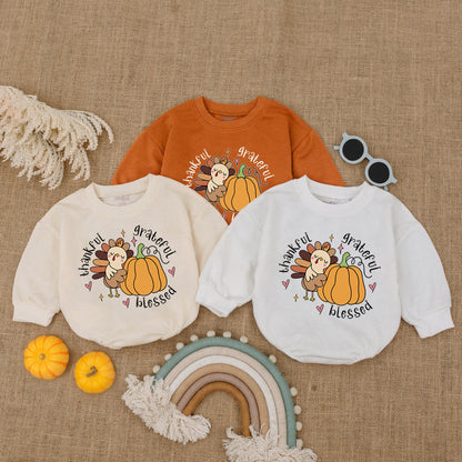 Grateful, Thankful, Blessed: Autumn Pumpkin Turkey Baby Romper