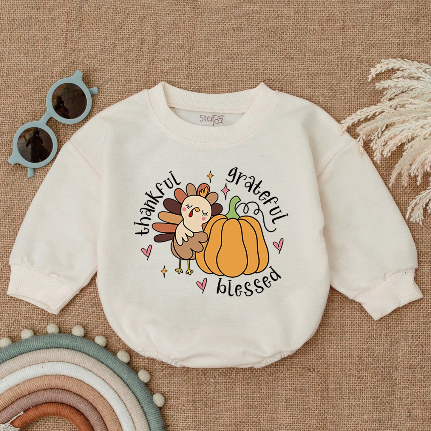 Grateful, Thankful, Blessed: Autumn Pumpkin Turkey Baby Romper