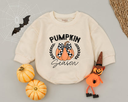 Autumn Pumpkin Baby Romper & Bow | Fall Newborn Bodysuit Outfit