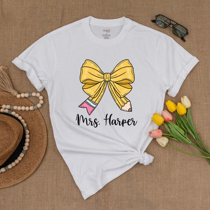 Custom Teacher Pencil Bow Tee – Back to School Shirt for Educators