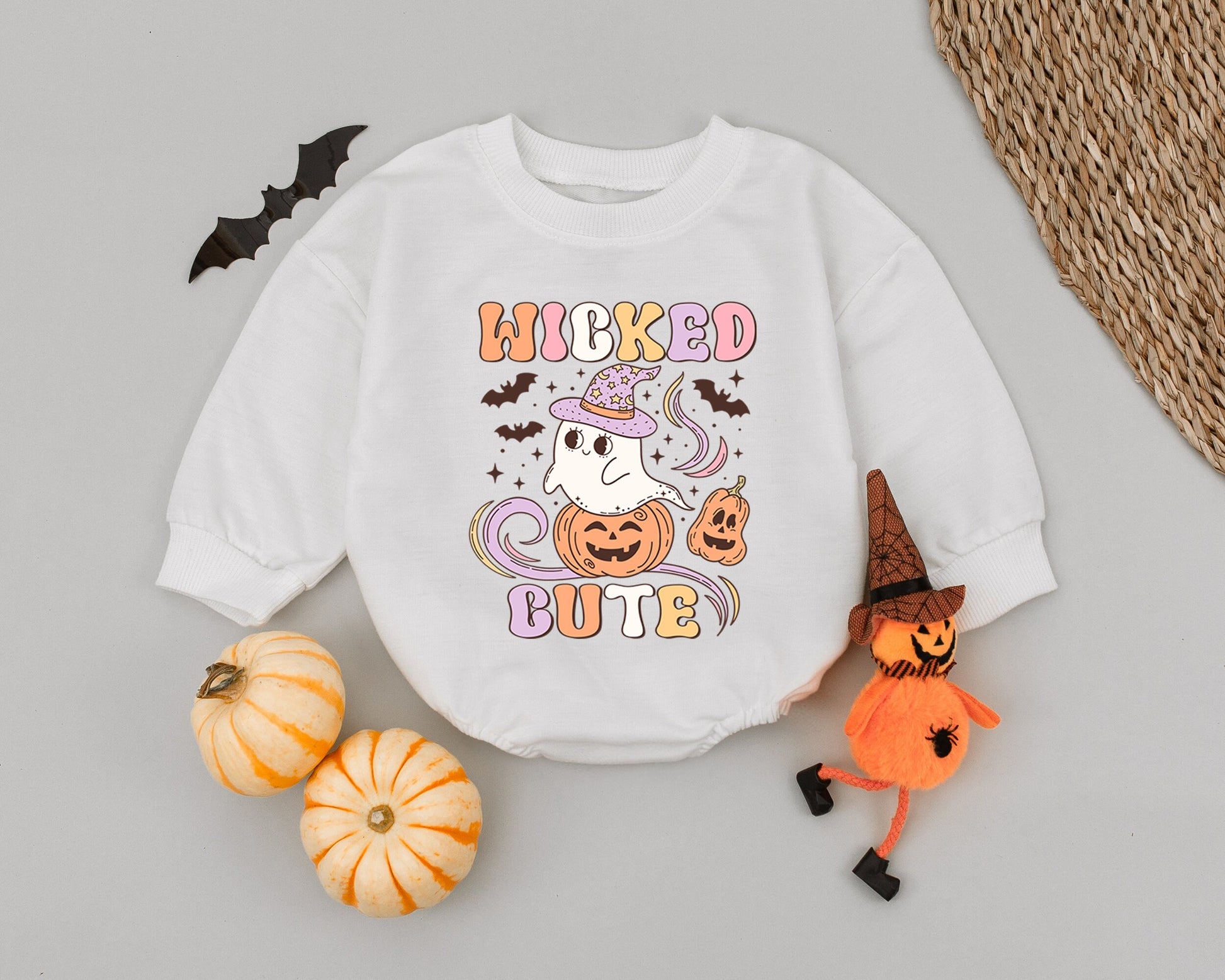 Wicked Cute Ghost Baby Romper Retro Halloween Outfit Whimsical Vintage Ghost Jack-o-lantern Baby Shower Gift Infant Bubble Romper Fall