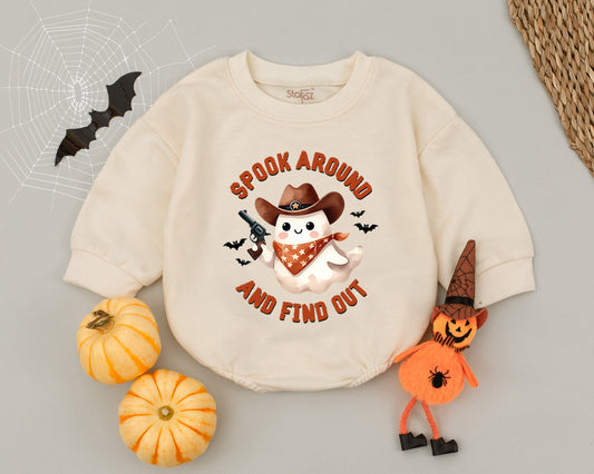 Cowboy Ghost Romper "Spook Around and Find Out" Baby Outfit Cute Western Halloween Costume Toddler Infant First Halloween Gift