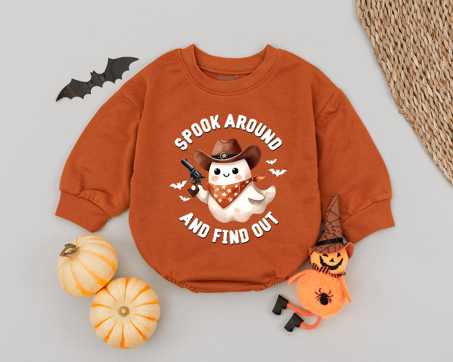 Cowboy Ghost Romper "Spook Around and Find Out" Baby Outfit Cute Western Halloween Costume Toddler Infant First Halloween Gift