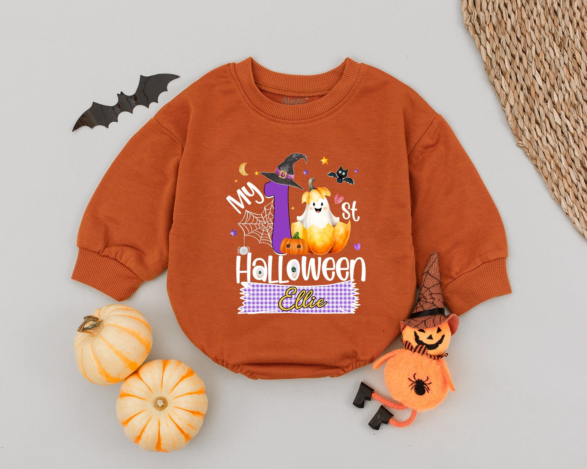 Personalized Ellie My First Halloween Baby Romper Cute Ghost Pumpkin Moon Stars Checkered Banner Whimsical Spooky Girl Outfit First Birthday