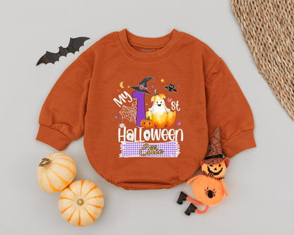 Personalized Ellie My First Halloween Baby Romper Cute Ghost Pumpkin Moon Stars Checkered Banner Whimsical Spooky Girl Outfit First Birthday