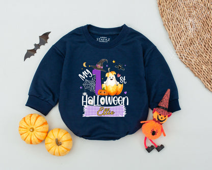 Personalized Ellie My First Halloween Baby Romper Cute Ghost Pumpkin Moon Stars Checkered Banner Whimsical Spooky Girl Outfit First Birthday