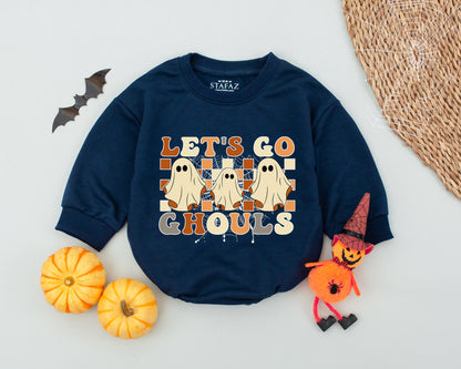 Let's Go Ghouls Baby Romper Groovy Halloween Outfit Retro Ghost Costume Fall Clothes Toddler Girl Boy Infant Shower Gift Brown Orange Cream Spiderwebs (138)