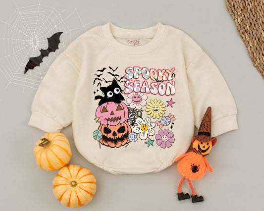 Spooky Season Pumpkin Cat Baby Romper Cute Halloween Outfit Toddler Fall Clothes Newborn Bodysuit Bubble Romper Pastel Flowers Candy Spiderweb Bat Silhouettes