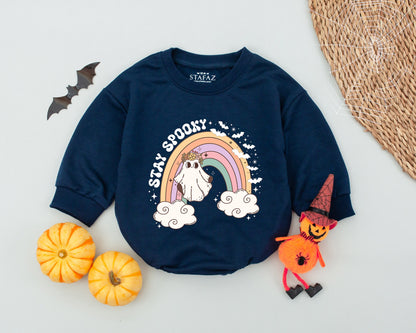 Groovy Spooky Baby Romper - Pastel Rainbow Ghost Halloween Outfit - Retro Fall Baby Clothes - Cute Newborn Gift