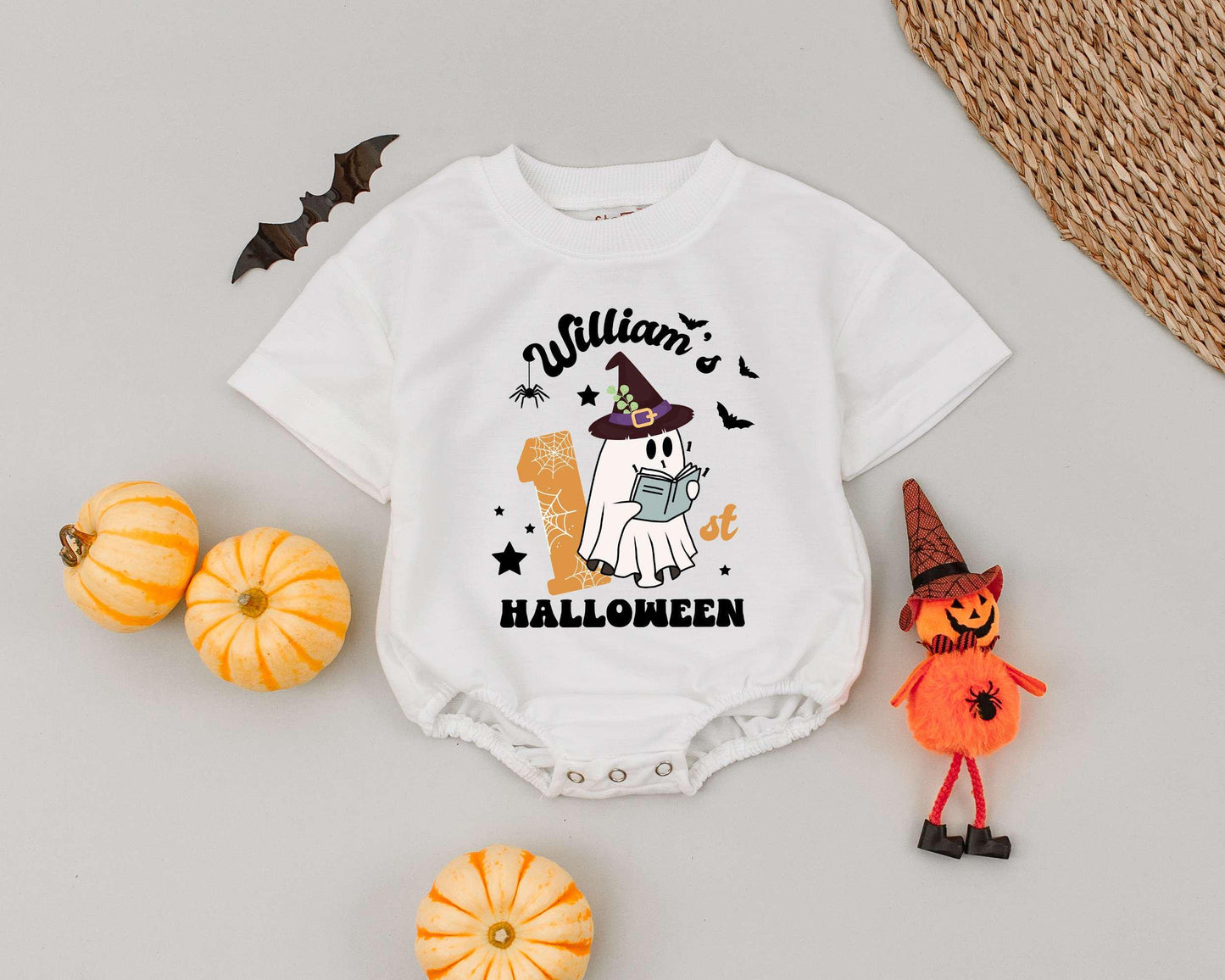 William's Spooky First Halloween Romper Cute Ghost Witch Hat Retro Design Baby Boy Girl Outfit Toddler Custom Name Gift Outfit 135