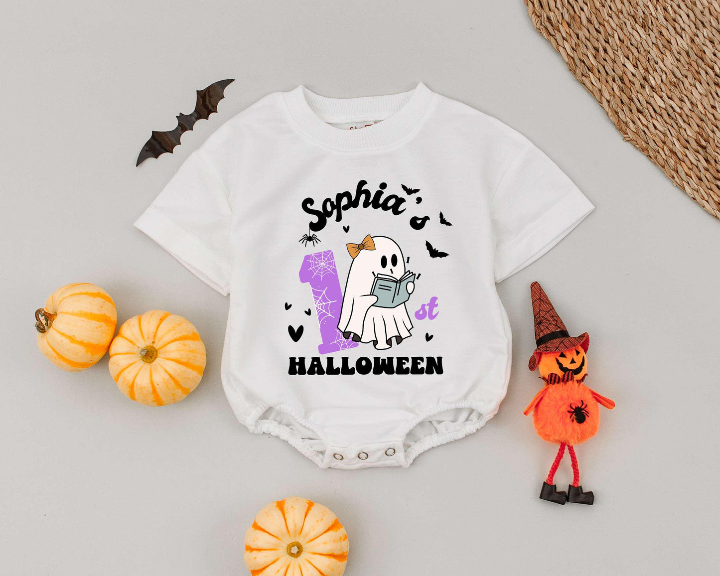 William's Spooky First Halloween Romper Cute Ghost Witch Hat Retro Design Baby Boy Girl Outfit Toddler Custom Name Gift Outfit 135