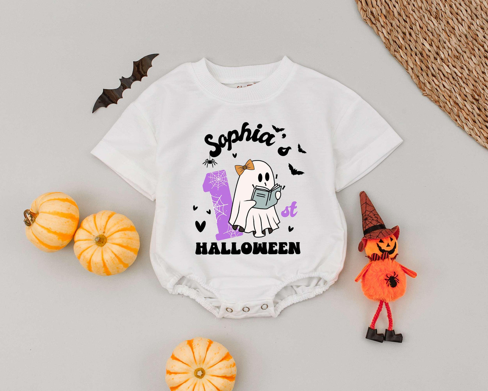 William's Spooky First Halloween Romper Cute Ghost Witch Hat Retro Design Baby Boy Girl Outfit Toddler Custom Name Gift Outfit 135
