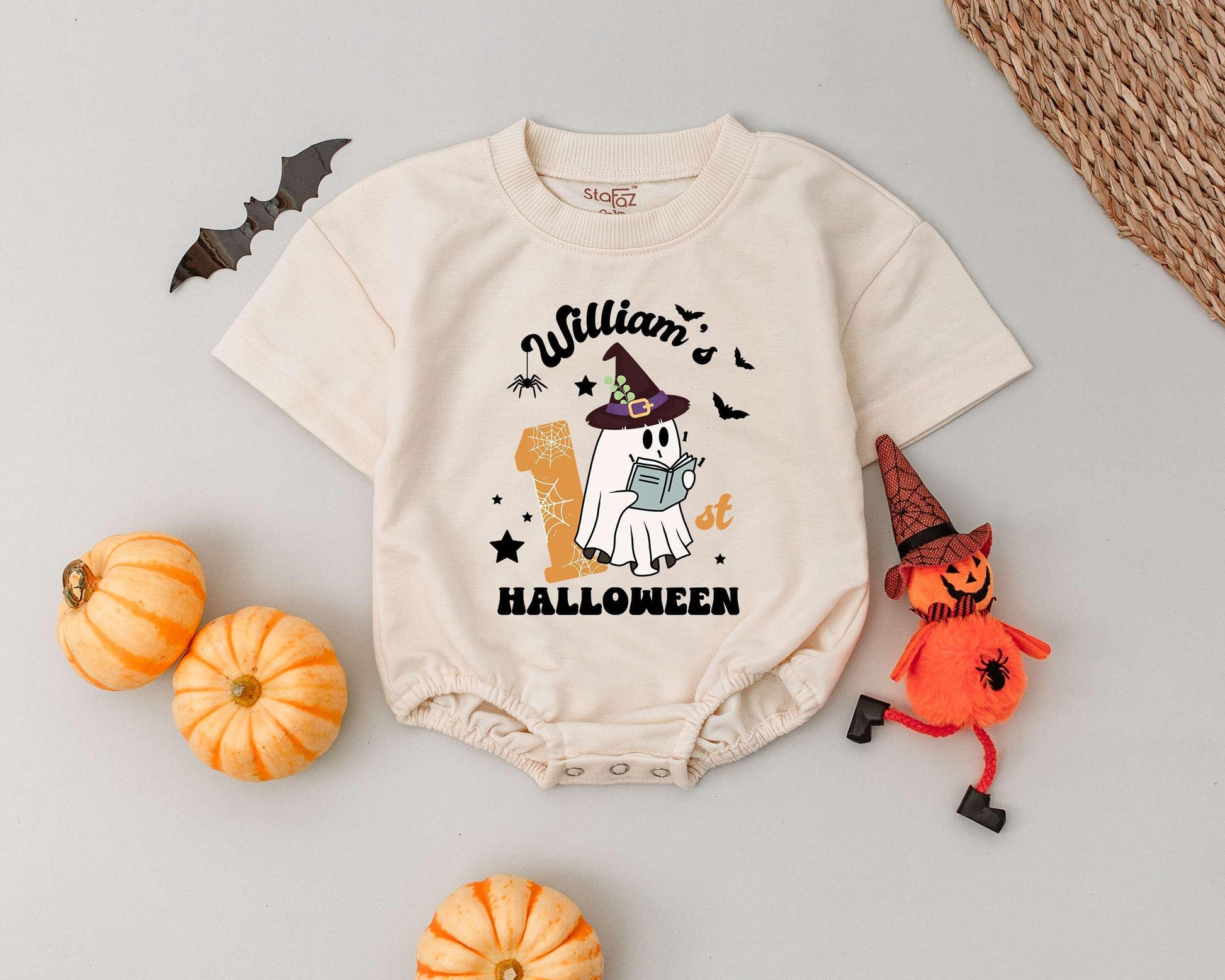 William's Spooky First Halloween Romper Cute Ghost Witch Hat Retro Design Baby Boy Girl Outfit Toddler Custom Name Gift Outfit 135