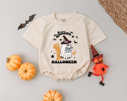 William's Spooky First Halloween Romper Cute Ghost Witch Hat Retro Design Baby Boy Girl Outfit Toddler Custom Name Gift Outfit 135