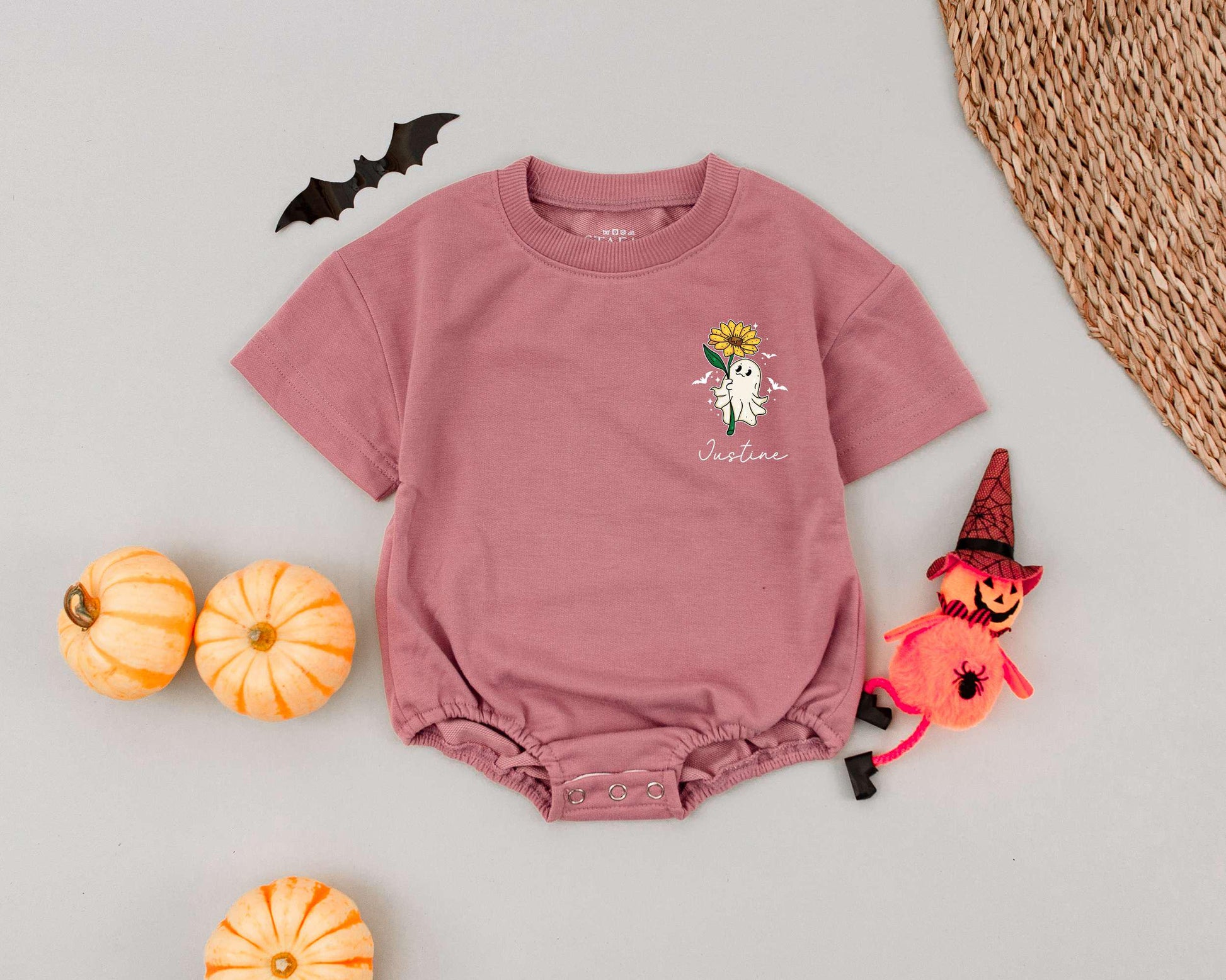 Personalized Little Boo Romper, Spooky Cute Ghost & Sunflower Halloween Outfit, Custom Name Bodysuit, Retro Fall Baby Clothes, My First Halloween 138