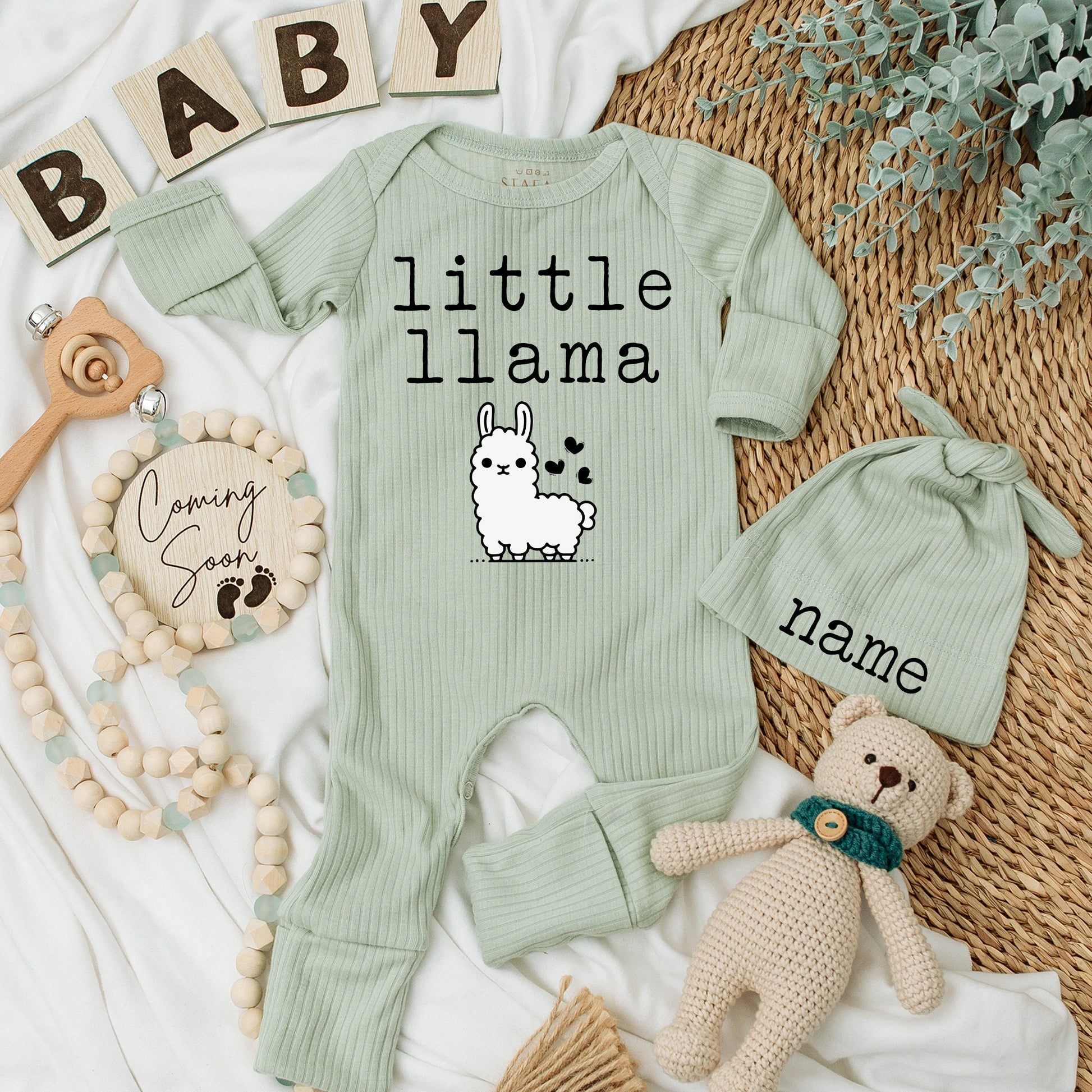 Personalized Little Llama Bodysuit & Hat Set - Custom Name Baby Outfit, New Arrival Gift, Soft Cotton Going Home Outfit, Unisex Keepsake 138 chars