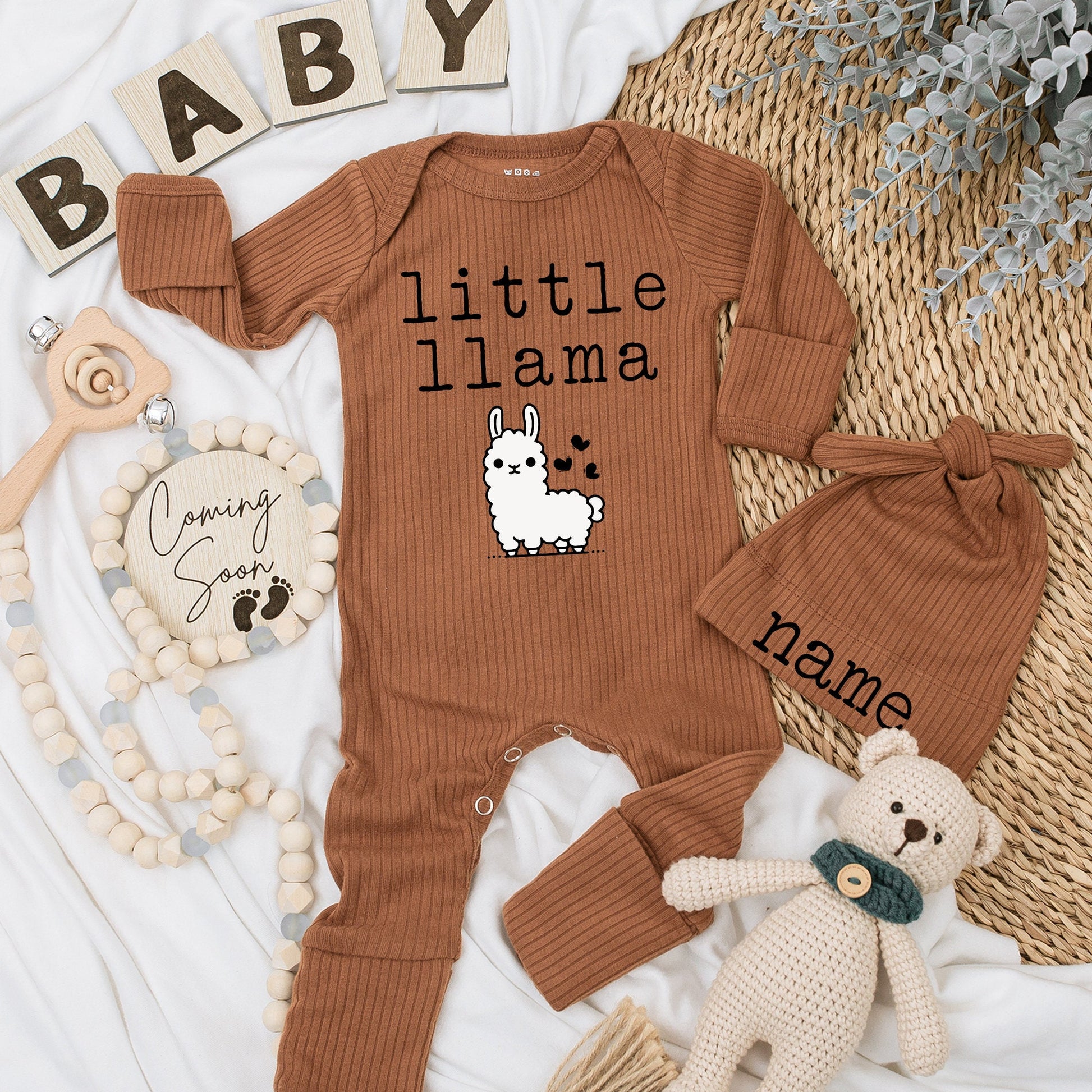 Personalized Little Llama Bodysuit & Hat Set - Custom Name Baby Outfit, New Arrival Gift, Soft Cotton Going Home Outfit, Unisex Keepsake 138 chars