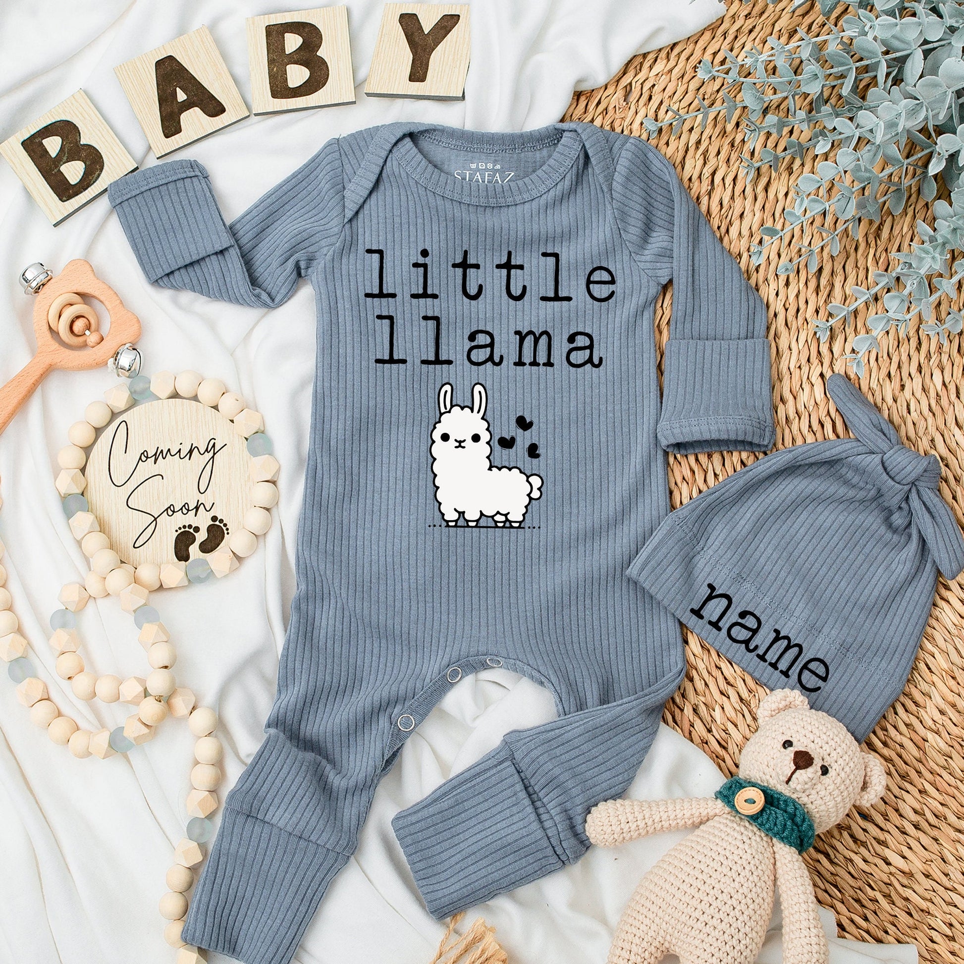 Personalized Little Llama Bodysuit & Hat Set - Custom Name Baby Outfit, New Arrival Gift, Soft Cotton Going Home Outfit, Unisex Keepsake 138 chars