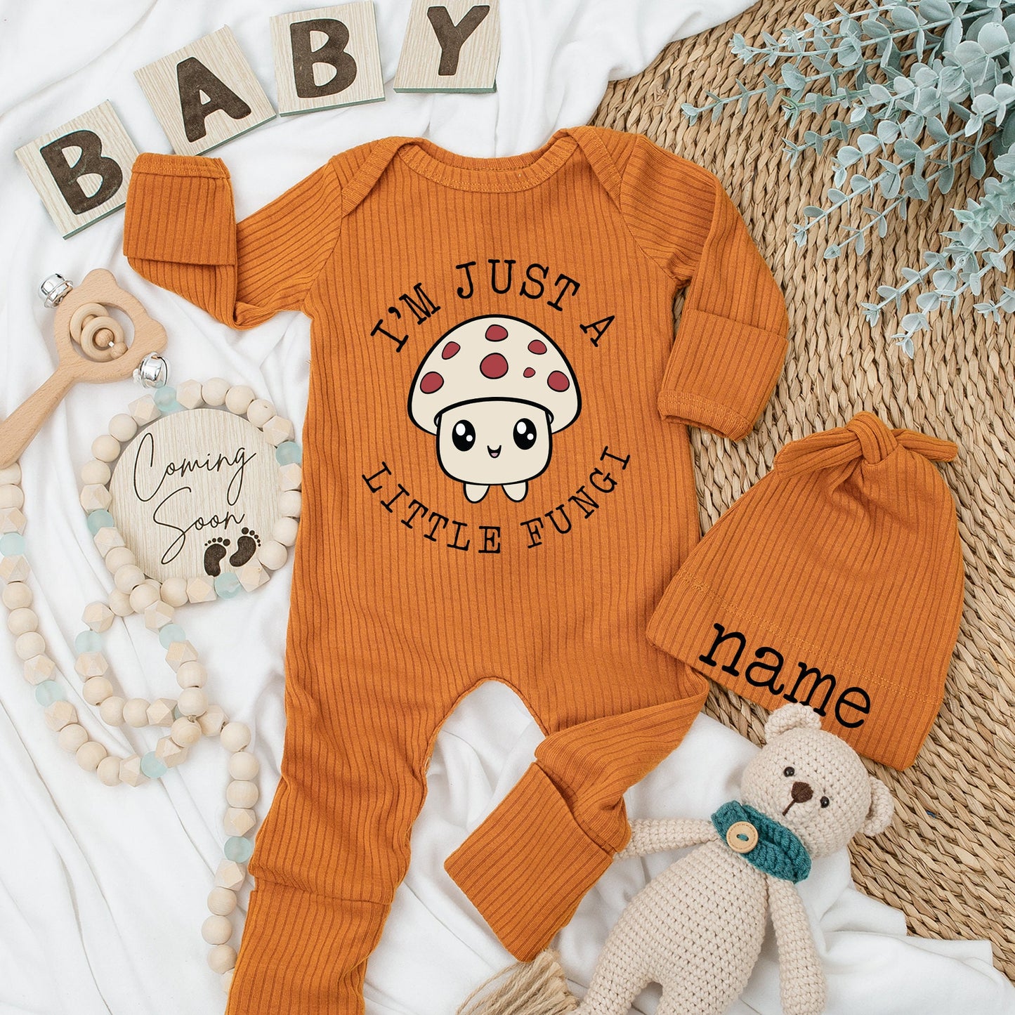Mushroom Baby Bodysuit & Hat Set – Just a Little Fungi, Unisex Gift