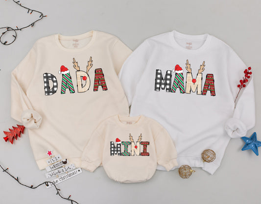 Dada Mama Mini Matching Family Christmas Sweatshirts Festive Plaid Fair Isle Santa Hats & Reindeer Antlers Whimsical Holiday Outfits