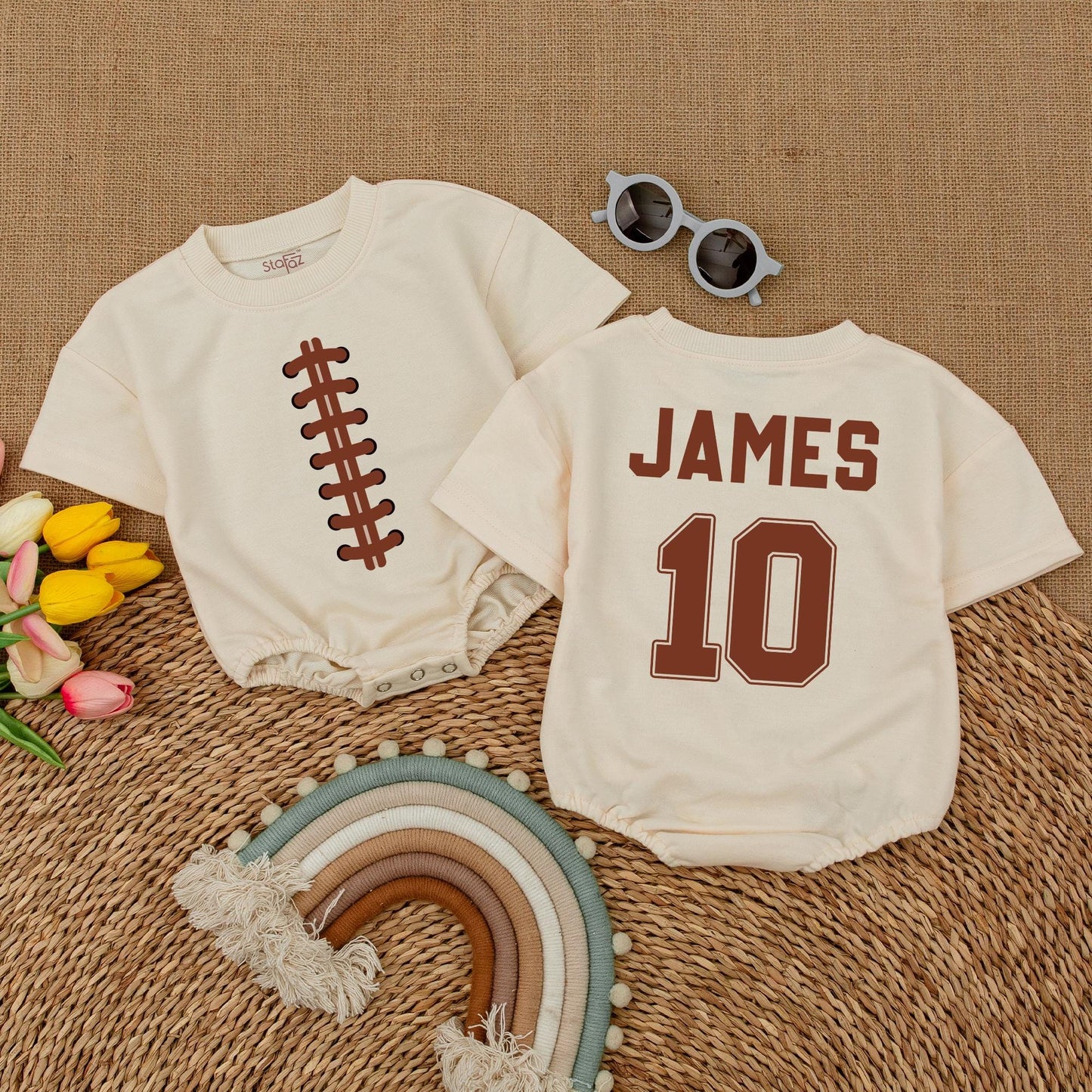 Personalized Football Baby Romper: Custom Name & Number Game Day Bodysuit for Baby Boy or Girl, Football Baby Shower Gift