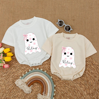 Custom Name Cute Ghost Baby Romper with Pink Bow Floral Halloween Bodysuit Whimsical Infant Fall Bubble Outfit Shower Gift