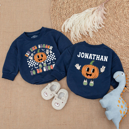 Spooky Season First Halloween Baby Outfit Groovy Font Pumpkin Bodysuit Custom Name Newborn Clothes Retro Bats Ghosts Checkered Romper Fall Infant Gift 139c
