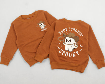 Personalized Boot Scootin' Spooky Sweatshirt Cute Cowboy Ghost Halloween Toddler Baby Western Outfit Gift