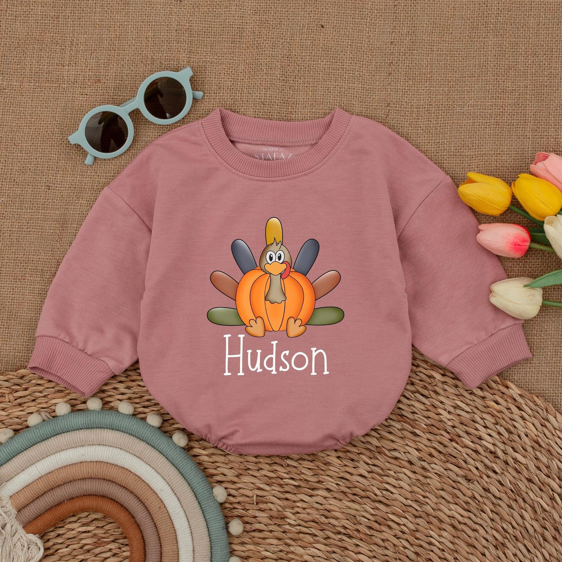Custom Boy Thanksgiving Pumpkin Turkey Romper, a delightful Fall Baby Bodysuit for your Little Turkey's first celebration and baby shower gift.