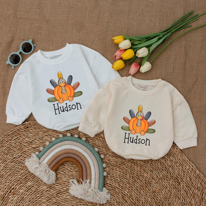 Custom Boy Thanksgiving Pumpkin Turkey Romper, a delightful Fall Baby Bodysuit for your Little Turkey's first celebration and baby shower gift.