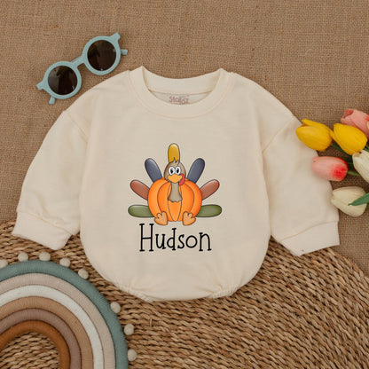 Custom Boy Thanksgiving Pumpkin Turkey Romper, a delightful Fall Baby Bodysuit for your Little Turkey's first celebration and baby shower gift.