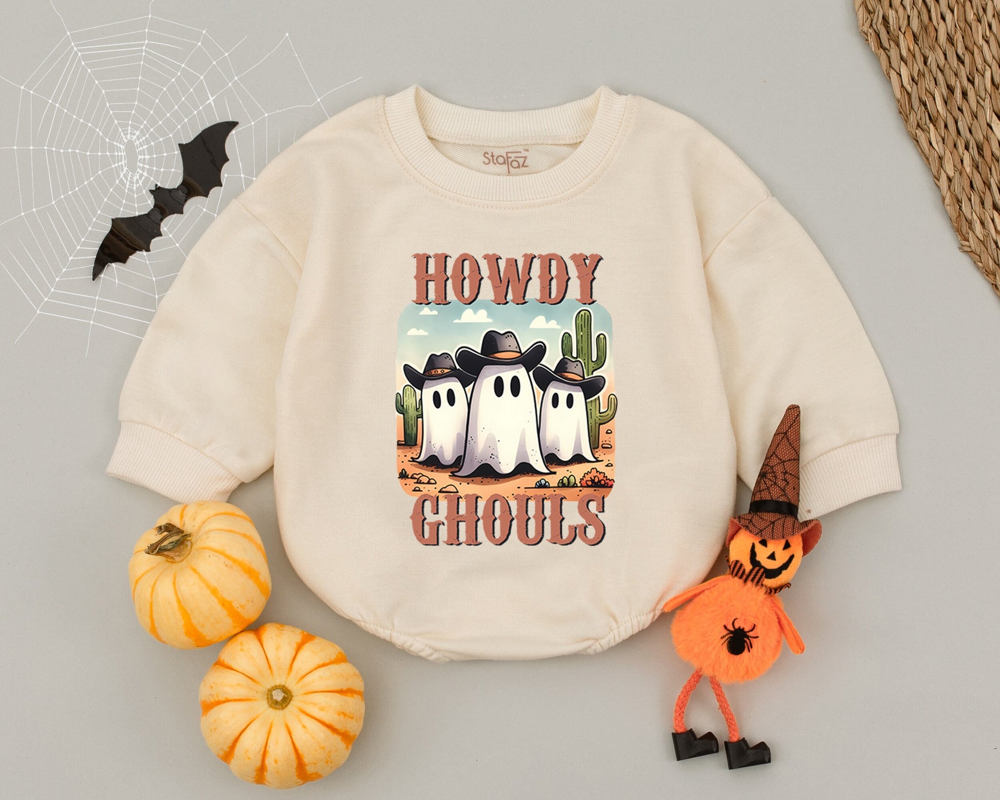 Retro Western Baby Romper: First Halloween Ghost & Pumpkin Outfit