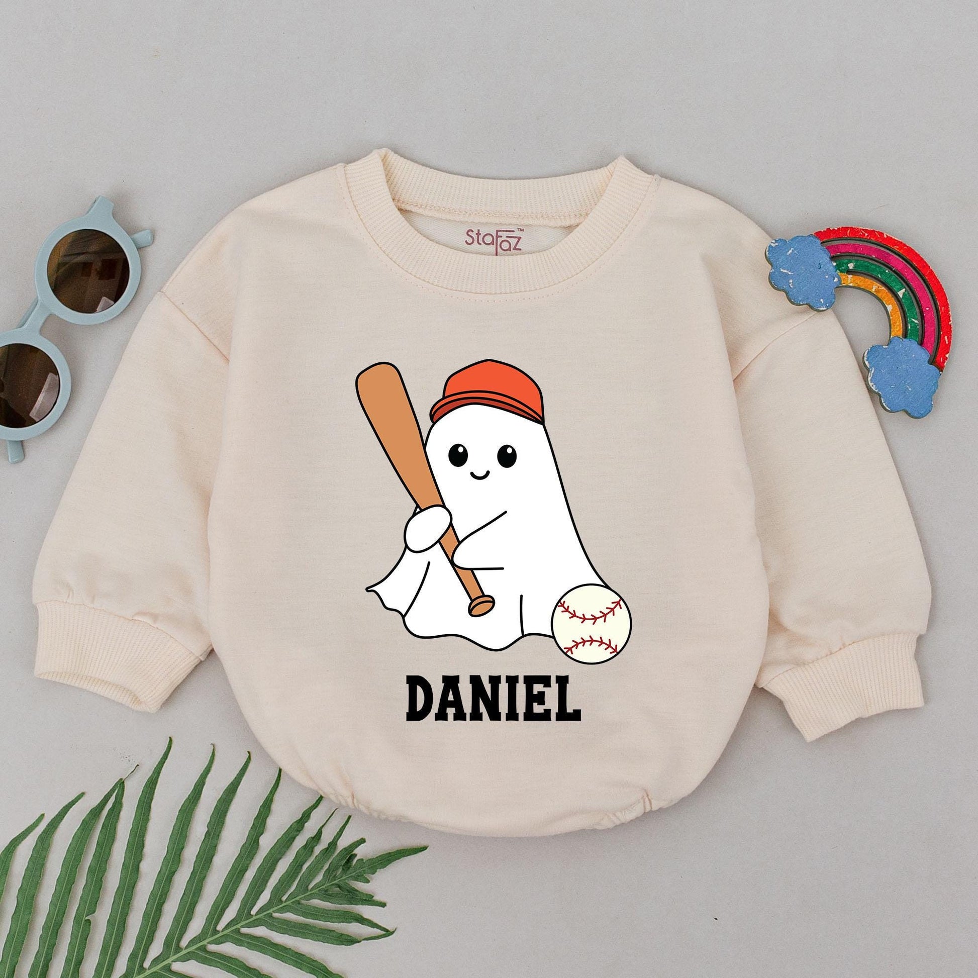 Personalized Baby Boy Ghost Baseball Romper Halloween Game Day Outfit Custom Name Cartoon Bat First Halloween Bodysuit Newborn Gift