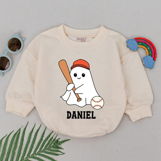 Personalized Baby Boy Ghost Baseball Romper Halloween Game Day Outfit Custom Name Cartoon Bat First Halloween Bodysuit Newborn Gift