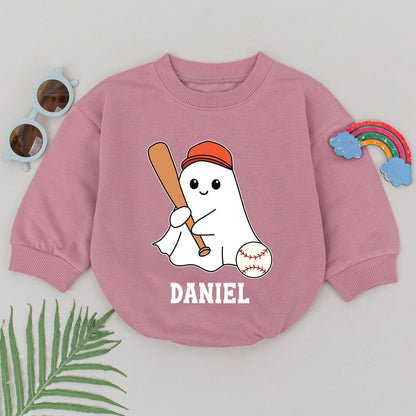 Personalized Baby Boy Ghost Baseball Romper Halloween Game Day Outfit Custom Name Cartoon Bat First Halloween Bodysuit Newborn Gift