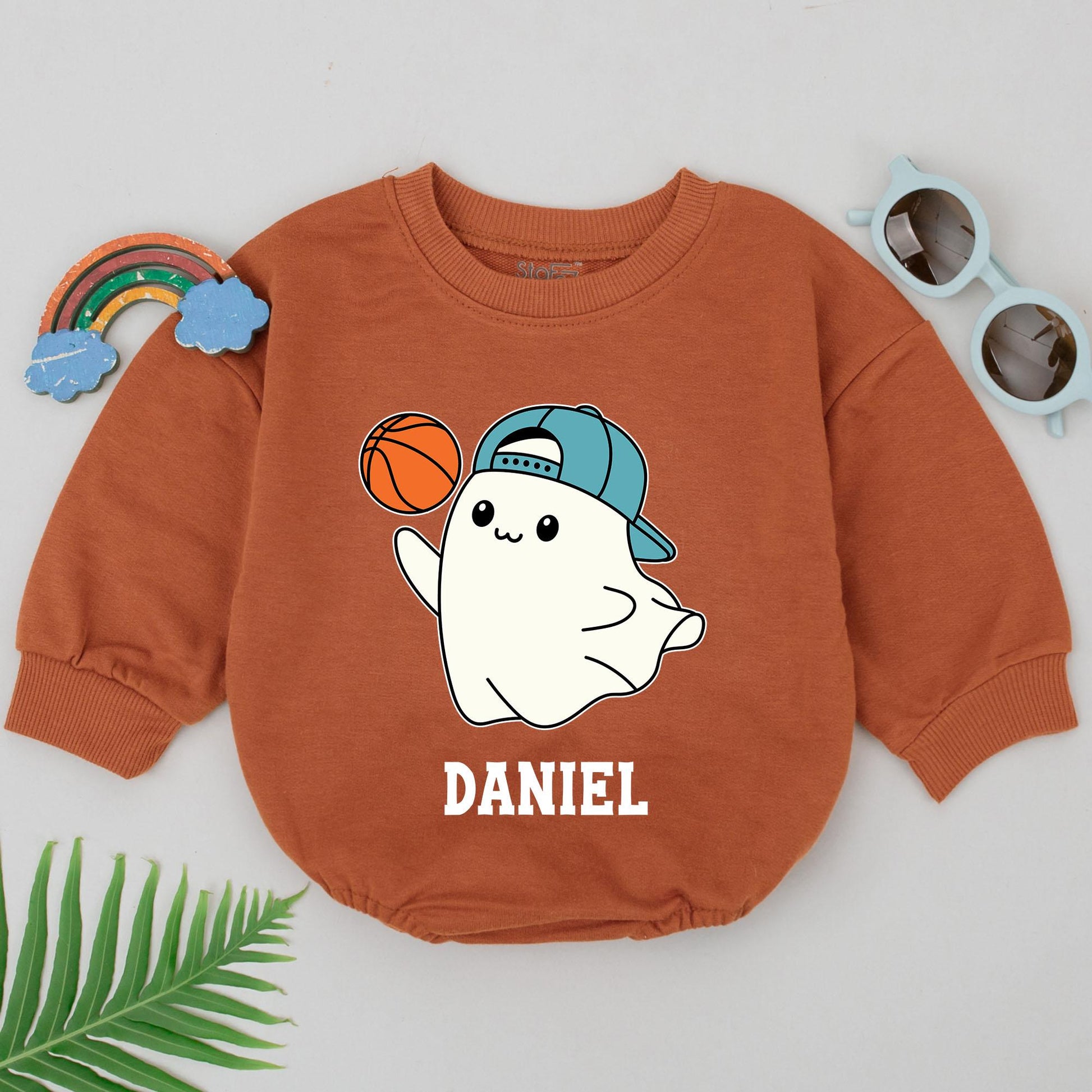 Basketball Ghost Baby Romper: 1st Halloween Bodysuit for Boys